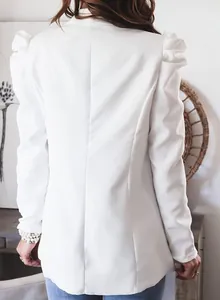 Back view detail of a white long-sleeved blazer with puff shoulders for women