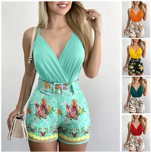 Stylish women's V-neck camisole and floral print shorts two-piece set with matching belt