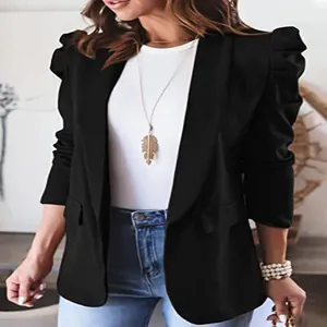 Detail view of women's black long sleeve blazer with puff pleated shoulders