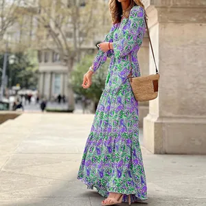 Vibrant purple Bohemian paisley print maxi dress with elegant V-neck and long sleeves