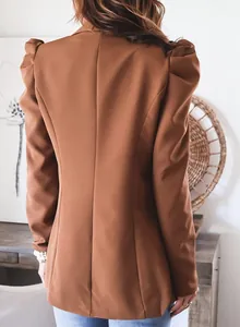Back view of brown long sleeve blazer with elegant puff shoulder detail for women
