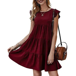 Abito estivo casual senza maniche a balze rosso scuro con scollo rotondo per donna