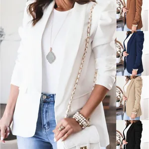 Women's Slim Fit Puff Sleeve Blazer Long Sleeve Lapel Solid Color Office Jacket Professional Commuting Outerwear