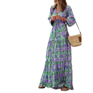 Bohemian V-neck paisley print maxi dress with long sleeves and tiered skirt details