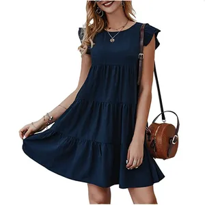 Elegante abito a balze blu navy con scollo rotondo e design senza maniche estivo