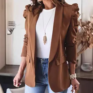 Women's brown puffed shoulder blazer jacket with long sleeves and open front design