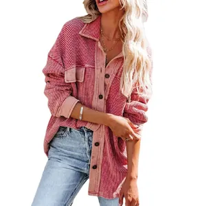 Modische rosa Waffelstrick-Hemdjacke für Damen mit Revers und Knopfverschluss