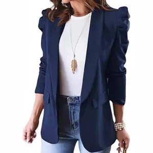 Navy blue women's long sleeve blazer with elegant puff shoulder detail on white background