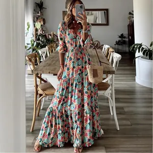 Elegant bohemian floral print V-neck maxi dress with flowy tiered skirt for women