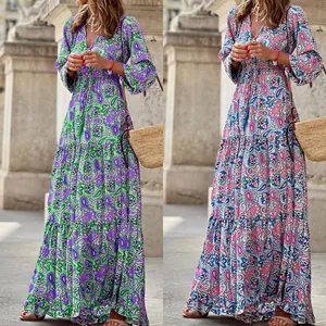 Women Bohemian Paisley Floral Print V-Neck Maxi Dress Vacation Long Sleeve Drawstring Waist Tiered A-Line Beach Long Dress