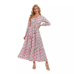 Elegant V-neck Bohemian paisley print maxi dress with long sleeves and tiered skirt