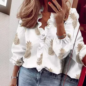 Elegante camicetta bianca a maniche lunghe da donna con stampa ananas dorata e volant