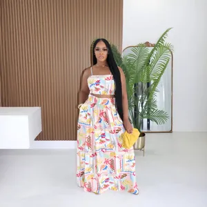 Ensemble Deux Pièces Vacances Femmes Imprimé Tropical Haut Bandeau Smocké Et Jupe Longue Évasée Bretelles Réglables Tenue De Plage