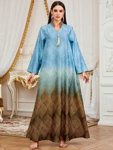 Elegant V-neck long sleeve Kaftan dress with wavy gradient digital print details