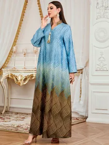 Elegant long sleeve kaftan dress featuring a digital blue to brown wave gradient print
