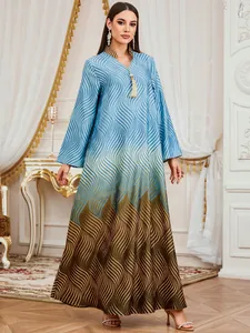Elegant blue and brown digital print V-neck maxi dress with tassel detail for women.
