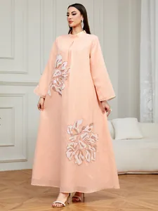 Elegante Vestido Largo Bordado Rosa Albaricoque para Mujer Cuello Alto Suelto Floral Lentejuelas Abaya Fiesta Noche Túnica Étnica