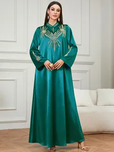 Vestido Maxi Elegante de Estilo Étnico para Mujer Bordado Verde Caftán de Satén con Cuentas Manga Larga Vestido de Fiesta Formal