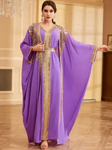 Elegant purple kaftan dress with gold sequin embroidery and matching belt for women.
