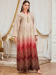 Full-length elegant V-neck dress with digital wavy gradient print and tassel detail