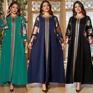 Women Sequin Embroidered Kaftan Abaya Maxi Dress Middle Eastern Ethnic Style Long Sleeve Polyester Evening Gown Top And Bottom