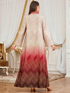Elegant digital print maxi dress for women featuring beige to red wave gradient pattern