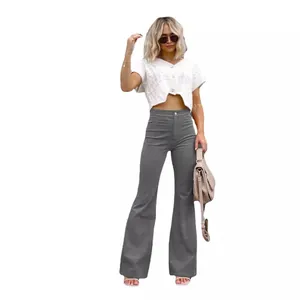 Chic high-waisted grey corduroy flared pants for women, trendy casual spring apparel.