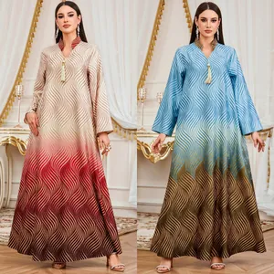 Elegant V-Neck Long Sleeve Digital Print Kaftan Maxi Dress Gradient Wave Pattern Tassel Detail Casual Loose Top And Bottom Dress For Women