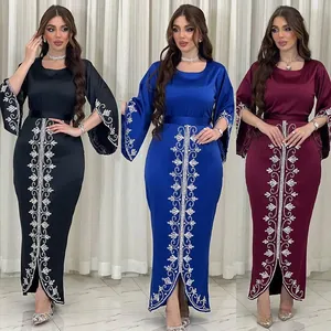 Vestido de Noche Modesto de Satén para Mujer Elegante con Strass Manga Larga Vestido de Fiesta Abaya Jalabiya Kaftan Poliéster