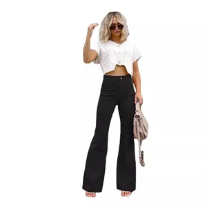 High waist black corduroy flare pants for women, elegant casual spring style on white background.