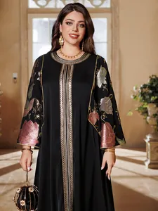 Elegant black Kaftan dress with intricate gold trim and floral sequin embroidery detail