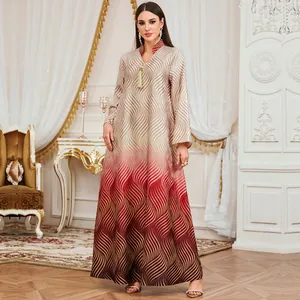 Elegant V-neck digital print maxi dress with luxurious gradient wavy pattern for women