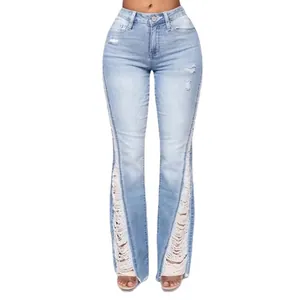 Light blue ripped flared jeans for women with distressed side panels and high waist