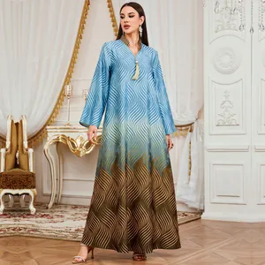 Elegant digital print V-neck long robe with blue to brown gradient wave pattern for women