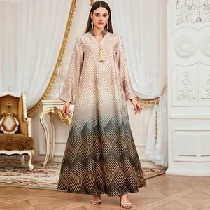 Elegant long sleeve kaftan dress with gradient wave pattern and V-neck tassel