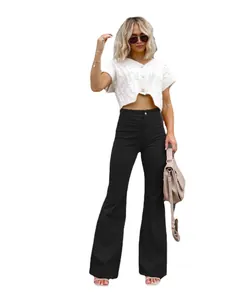 Elegant black corduroy high-waisted flare pants for women, stylish spring fashion casual trousers