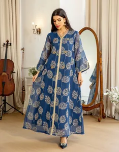 Elegant blue mesh long kaftan dress with gold tree embroidery and handmade floral beadwork