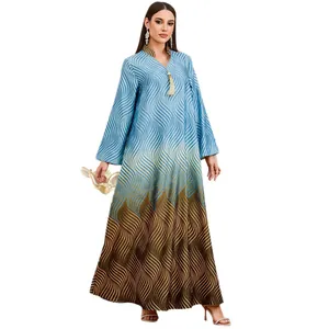 Elegant V-neck long-sleeved maxi robe dress with blue and gold gradient wave print
