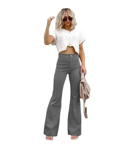 Women's stylish grey corduroy high waisted flared trousers for 2025 spring casual wear