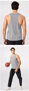 Détails d'un débardeur de sport respirant en modal gris pour hommes, vues avant et arrière