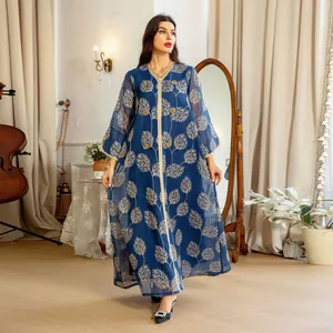 Women's Embroidered Mesh Maxi Dress Beading Long Sleeve V-Neck Ethnic Bohemian Kaftan Abaya Blue Party Evening Dress
