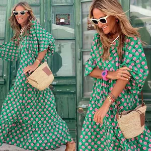 Bohemian grünes Maxikleid mit Puffärmeln und rosa Rosenmuster für Damen Übergröße