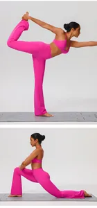 Gedetailleerd overzicht van de flexibele pasvorm en levendige roze kleur van dit yogaset