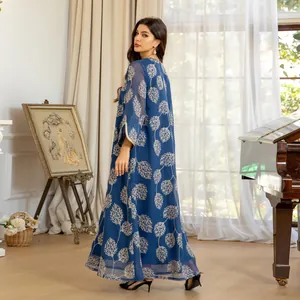 Elegant blue mesh maxi dress with white leaf embroidery for trendy spring fashion