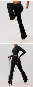 Detail van zwarte yogaset met hoge elasticiteit, ritsjack en flared sportbroek