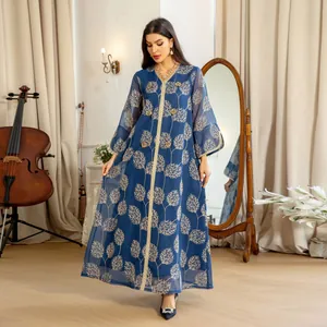 Elegant blue mesh maxi dress with golden tree embroidery and floral beadwork details