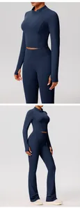 Tweedelige marineblauwe dames yoga-set met ritsjack en flare-broek met een hoge taille