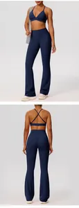 Professionele marineblauwe sportbeha en uitlopende yoga-leggingset met hoge taille voor fitness