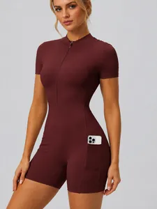 Combinaison de Yoga à Manches Courtes pour Femmes avec Fermeture Éclair Avant Poches Sculptant Les Fesses Nylon Élasthanne