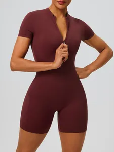 Combinaison de yoga à manches courtes pour femme avec fermeture éclair et poches latérales